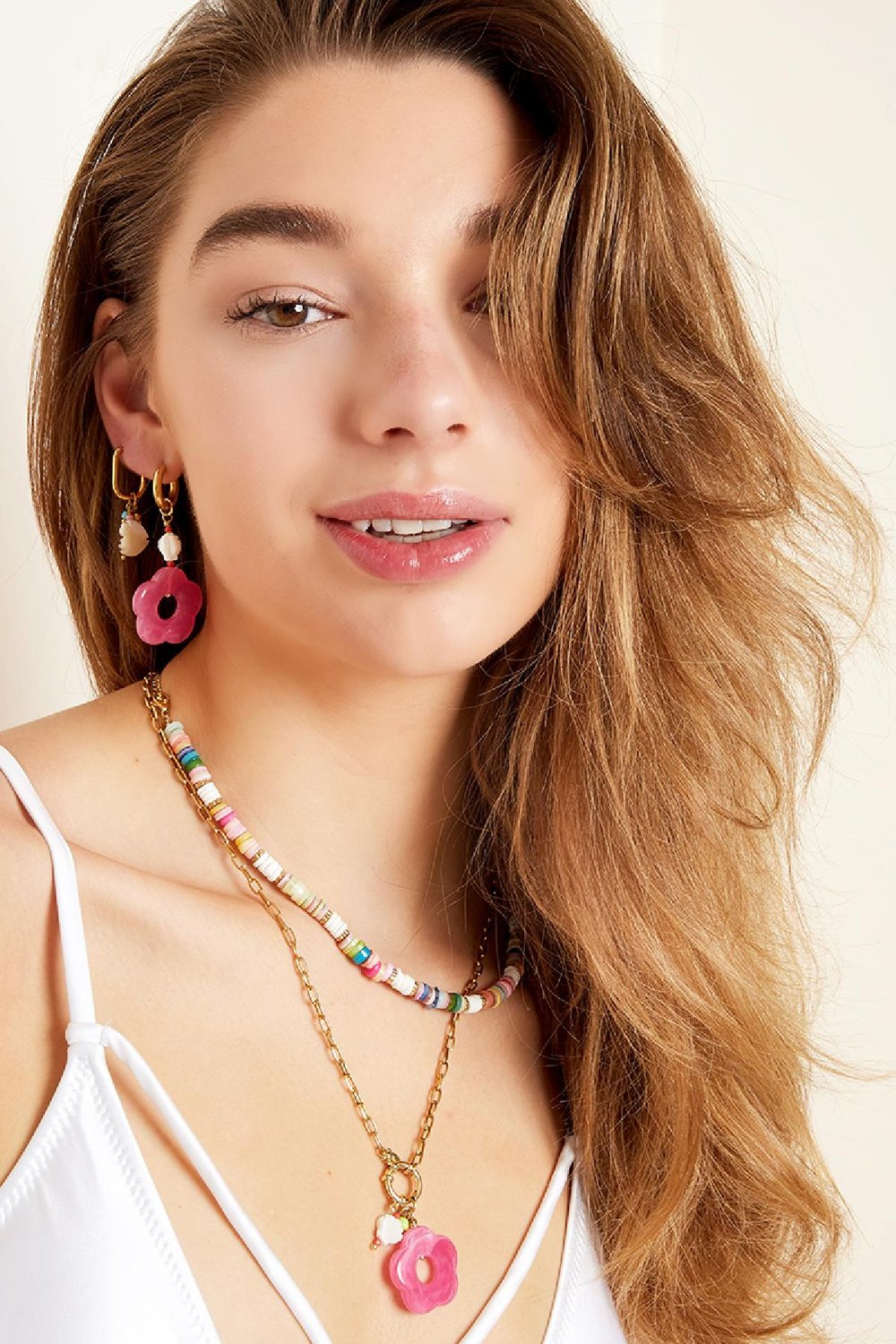 Pink flower earrings - Beach collection Pink & Gold Color Stainless Steel h5Picture2